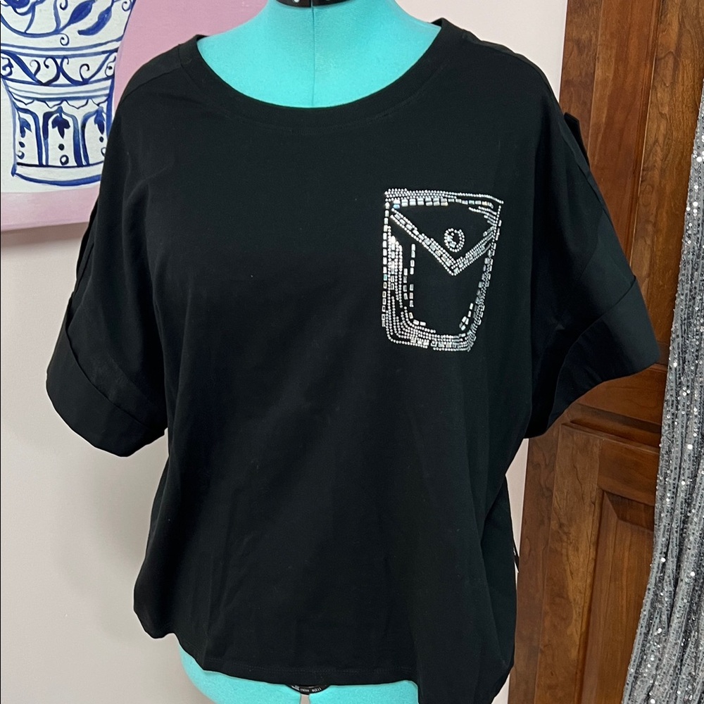 Karl Lagerfeld Black Short Sleeve Tee with Rhinestone Pocket Detail